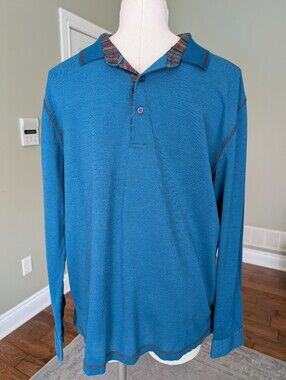 Bugatchi Uomo Mercerized Cotton Long Sleeve Polo Shirt Blue Luxury Golf Top L